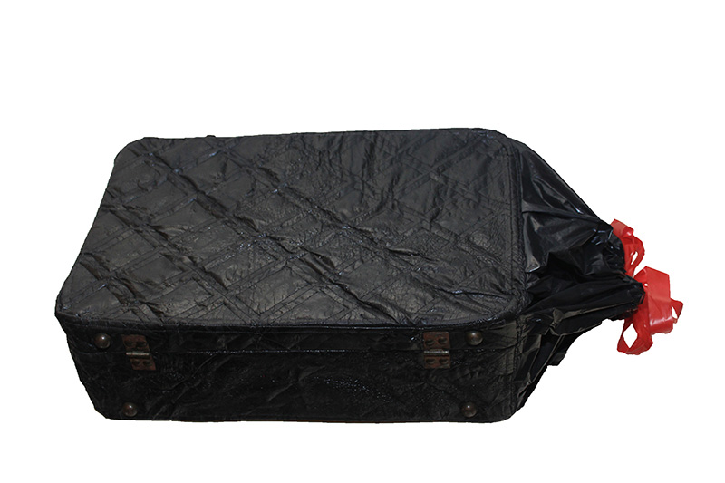 Fine Arts, Image of quilted black suitcase fabricated out of Hefty trash bags with iconic red drawstrings at top on a white background