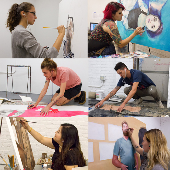 Fine Arts, Collage of six photos of stduents working on various paintings in studio spaces