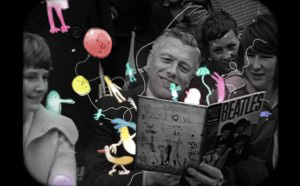 Animation, Black and white Image of man reading Beatles book surrounded by people and colorful, whimsical illustrations 