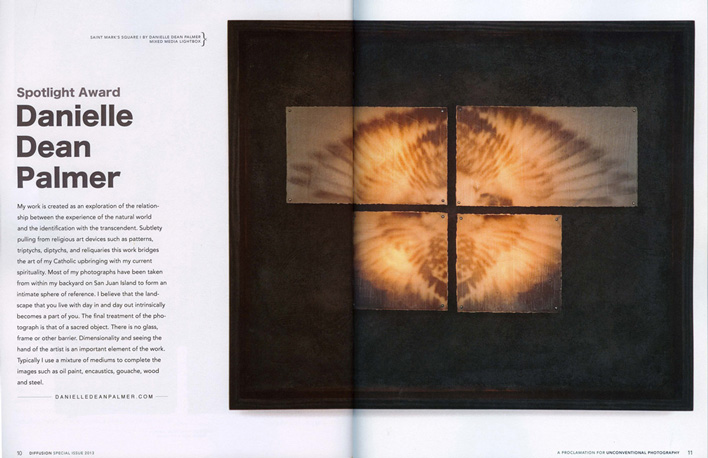 Photography, Spread from Diffusion magazine, featuring column of text on far left about Danielle and her award. Most of right page and part of left page covered by dark image of Danielle's work, four lit panels make up one image displayed on a dark background