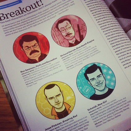 Illustration, WIRED page with four illustrated portraits of television show characters in red, pink, yellow and blue. Accompanied by text blurbs about those characters.