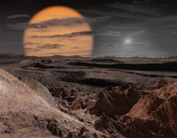 Illustration, Landscape of rocky terrain with a pale orange sun obscured by clouds and smaller, brighter star to the right 