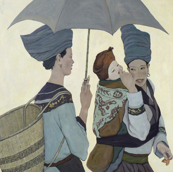 Fine Arts, painting of two women walking. One carries a baby on her back and feeds them a small piece of cracker over her shoulder. The woman behind her holds an umbrella out of frame over all three of them and carries a large woven basket with shoulder straps on her back.