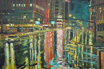 Fine Arts, painting of a busy street at night with vibrant reflections of car and city lights in the rain soaked pavement