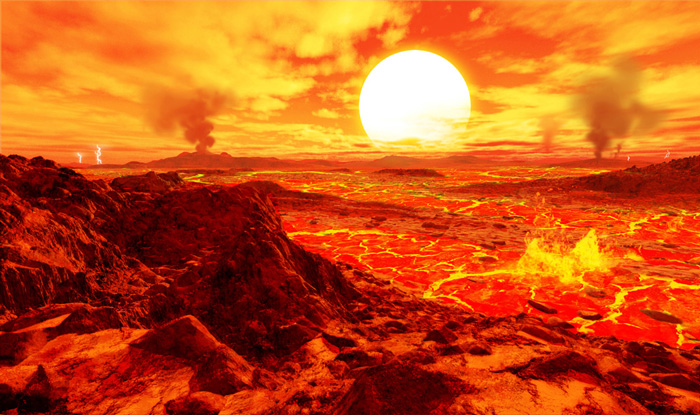 Illustration, Image of firey, red planet surface with pools of lava, lightning, and a large white sun in view