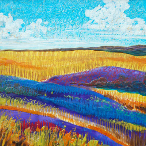 Advertising & Graphic Design, Painting of colorful field of wheat with rivers cutting through and a cloudy blue sky