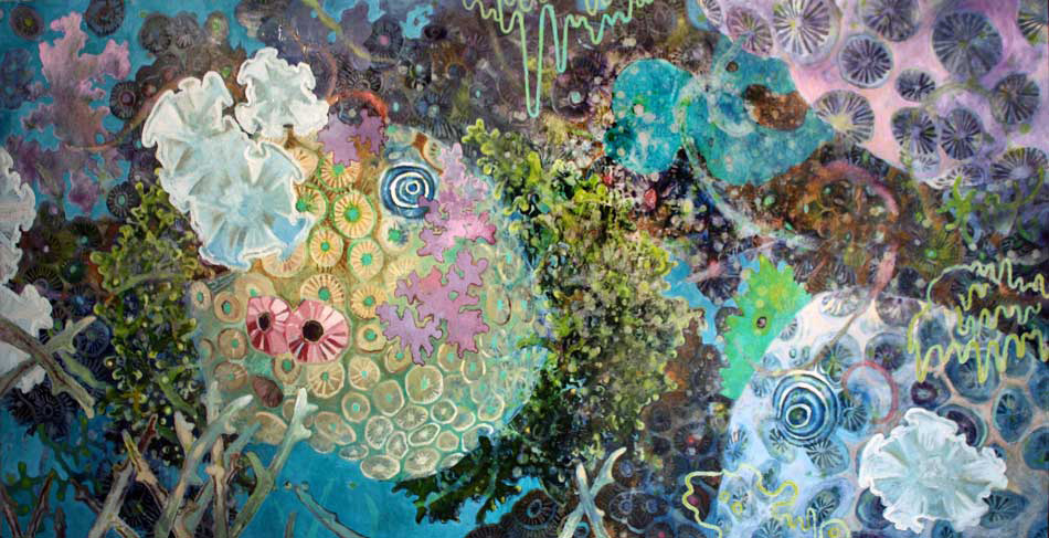 Fine Arts, Colorful, intricate painting of underwater life including coral and algae 