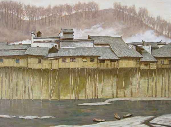 Fine Arts, Painting of waterfront houses held up by stilts with bare trees in the background during winter