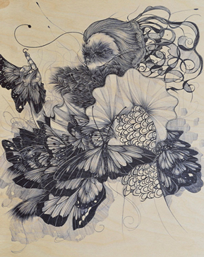 Illustration, Fashion Design, Ink illustration of butterfly and floral scene on cream paper