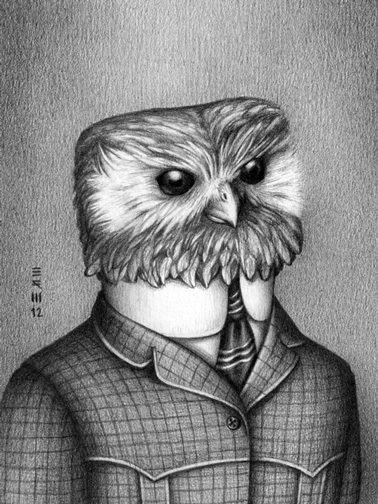 Illustration, Grayscale illustration of owl in suit and tie against a plain textured background