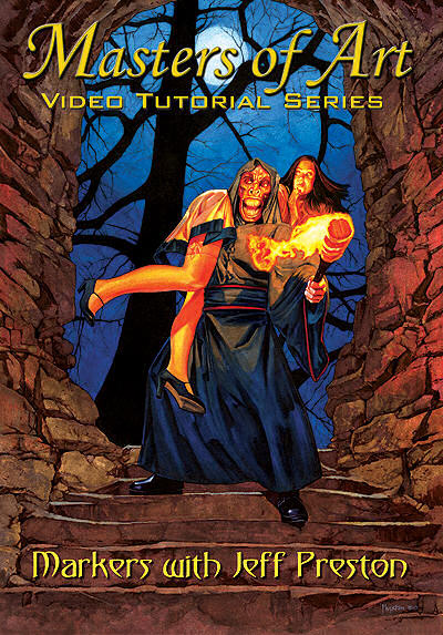 Illustration, Illustrated book cover of cloaked humanoid monster wielding a torch carrying a woman down stone steps with bare trees and night sky in background