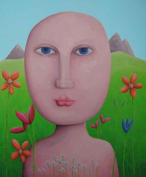 Fine Arts, Painting of hairless person with oversized head, blue eyes, and full lips in a green field with flowers, in the background are a blue sky and mountains