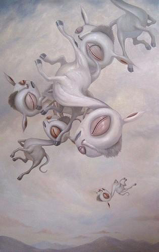 Photo of artwork, creatures floating, white