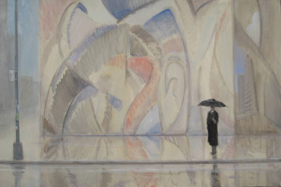 Fine Arts, Painting of lone man in black suit with black umbrella stands on rain soaked San Francisco street corner in front of washed out painted mural.