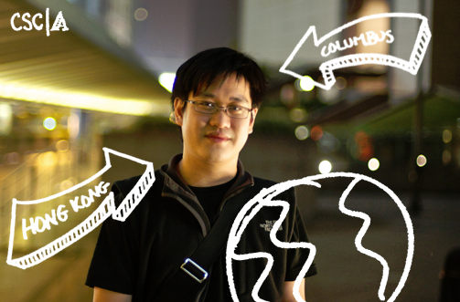 Advertising & Graphic Design, Headshot of Michael against blurred city background at night. white text arrows read "Columbus" and "Hong Kong" next to a white sketch illustration of earth