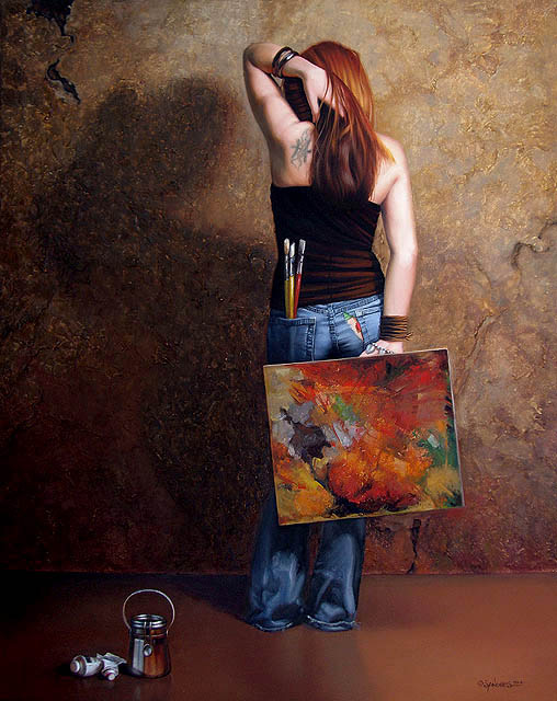 Illustration, Painting of woman in tank top and jeans facing away from camera holding her hair in one hand over shoulder, in the other hand she holds an abstract painting behind her. In her back pocket are paint brushes, and a tea pot and tubes of paint lay on the floor next to her.