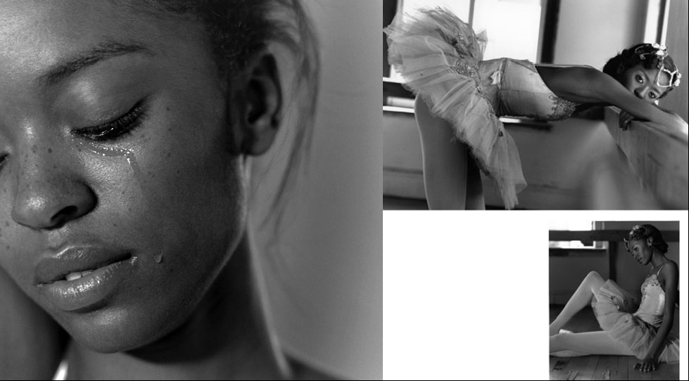 Advertising & Graphic Design, Black and white three photo collage. Largest image close up portrait of crying woman, two smaller images to right of ballerina stretching and sitting on the floor with back against the wall.