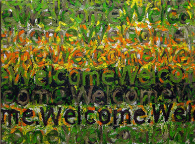 Illustration, colorful painting of the word "Welcome" overlapping and repeated 