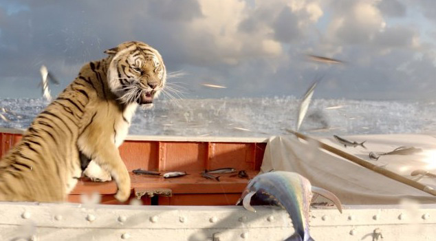 Film & Video, Still Image from Life of Pi, Tiger on a boat in the middle of the ocean staring at a fish that is laying over the side edge of the boat