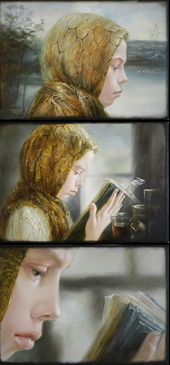 Fine Arts, three panel painted comic of young girl in headscarf reading a book outdoors, in a coffee shop, and close up of the girl reading