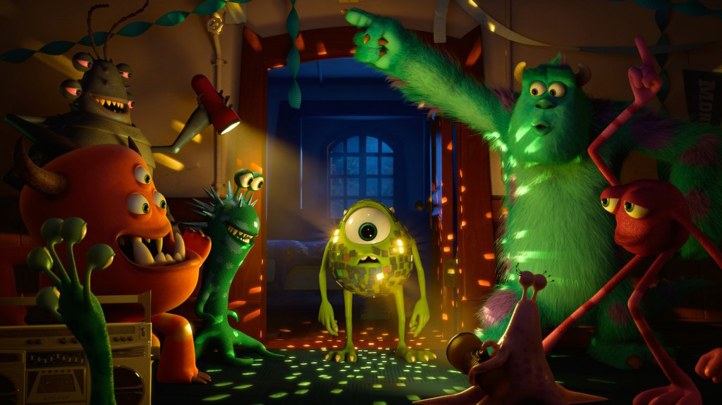 Animation, Still image from Monster's University Trailer, Monsters dancing around and pointing flashlights at round monster covered in shiny confetti to create a disco ball