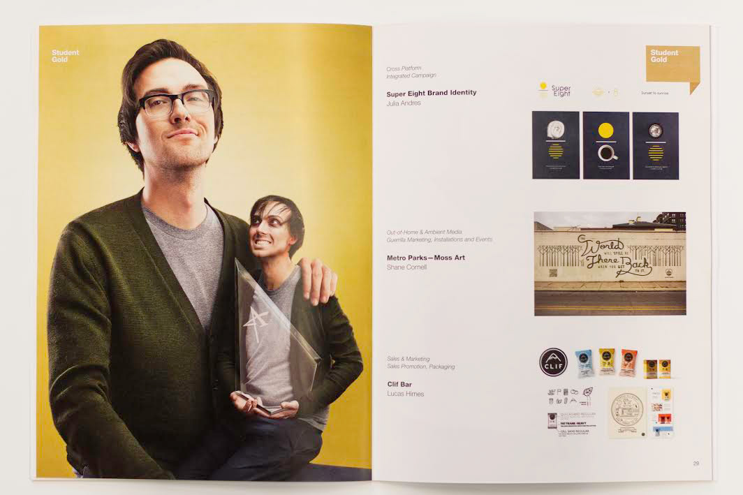 Advertising and Graphic Design, Spread from 2016 Addy's book featuring image of student and student work