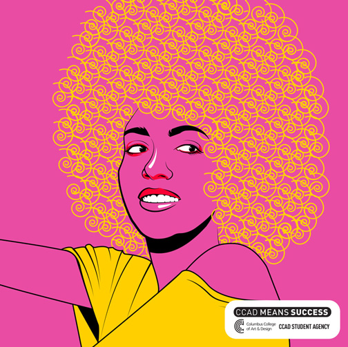 Illustration, Comics and Narrative Practices,  Pink, red, yellow, white, and black illustration of Alissa Sallah in yellow off the shoulder shirt with hair made of yellow swirls