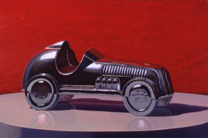 Illustration, Image of small silver metal car on round pedestal in front of red background