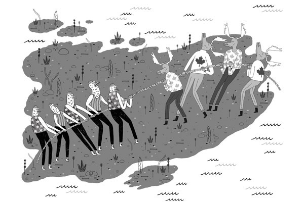 Illustration, Black and white illustration of five chicken people and four moose people playing tug of war over a muddy pit