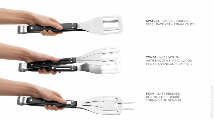 Industrial Design, Image of three hands holding three tong spatulas outlining three functionalities (from top to bottom:spatula, tongs, fork) 