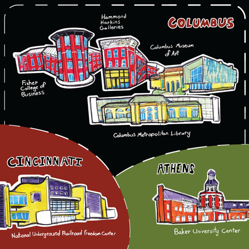 Life at CCAD, Illustrated map featuring Locations to find work by former CCAD student Aminah Robinson in three color coded sections of red, black, and green