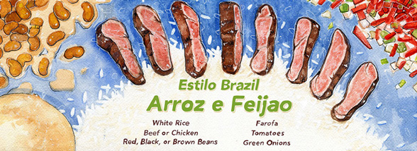 Illustration, Illustration of Estilo Brazil, image of cooked meat, rice, and beans against a blue background with light green descriptive text