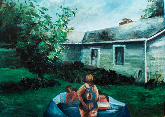 Fine Arts, Painting of people playing and swimming in kiddie pool next to a house with trees and vegetation in the background