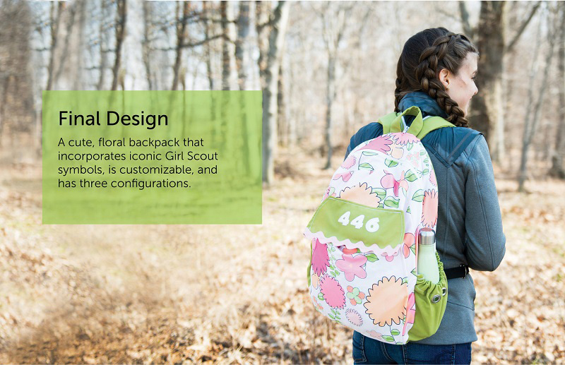 Industrial Design, Slide from presentation with informational text explaining design, image of young girl wearing green, pink, and white floral backpack in an outdoor setting in the fall