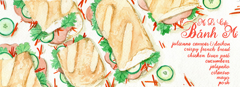 Illustration, Illustration of MiLi, grid image of banh mi sandwiches with colorful bits of lettuce, cucumbers, and carrots, with red descriptive text