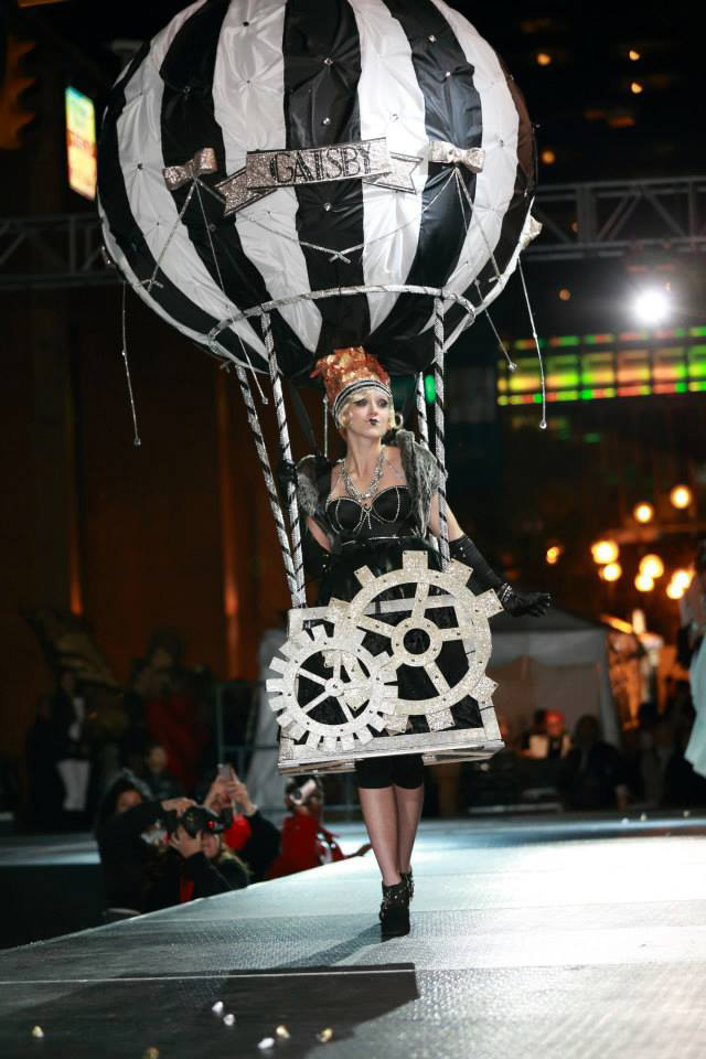 Fashion Design, Annie Weirauch's hot air balloon costume for HighBall Halloween, Model on runway dressed in black and white model of hot air balloon