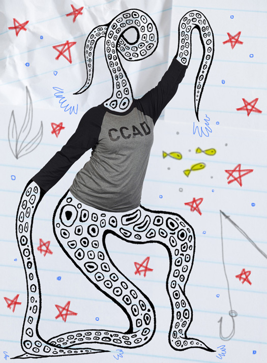 Life at CCAD, CCAD t-shirt available for purchase at Ampersand Emporium, black and gray three quarter sleeve tshirt modeled by illustrated tentacle humanoid with illustrated aquatic background