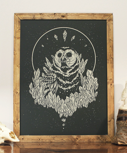 Illustration, sample of work screen printed owl