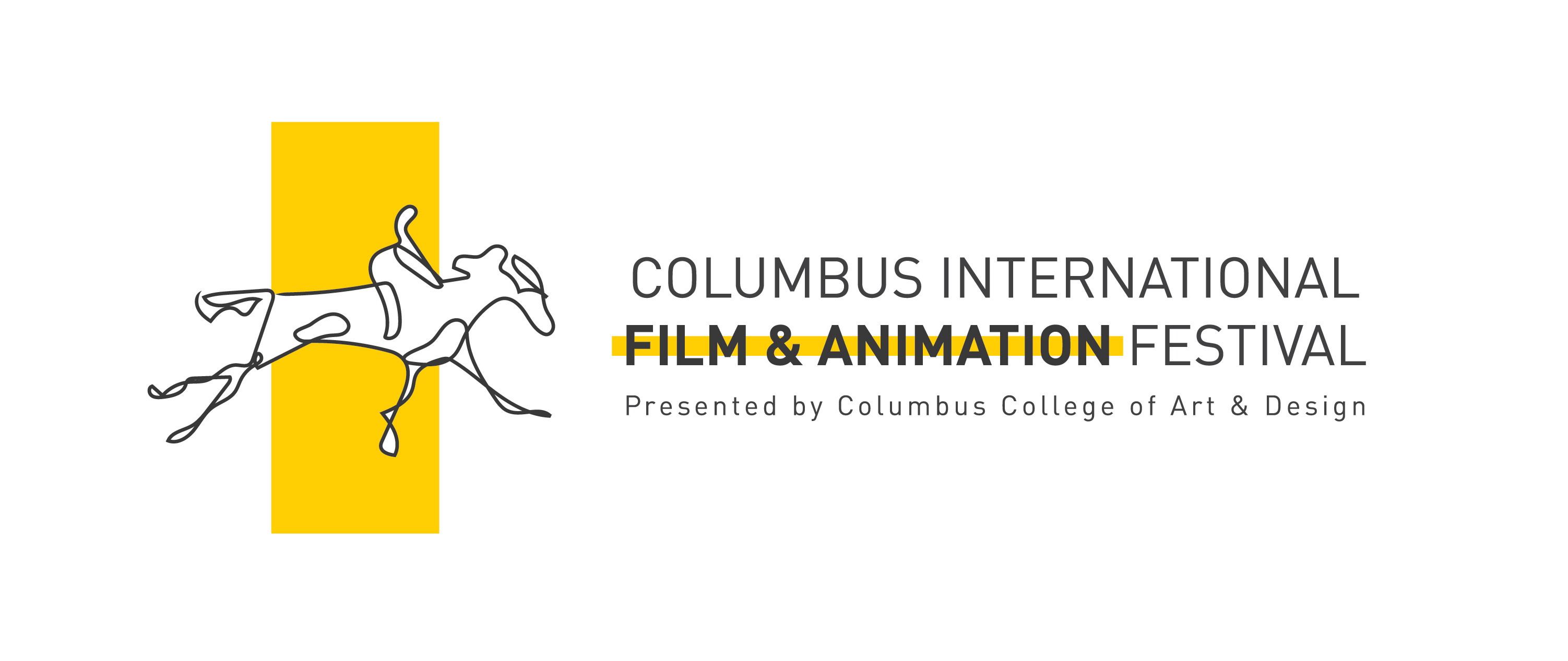 Film & Video, Animation, Columbus International Film & Animation Festival Logo, Black, yellow, and white outline logo of a horse with text