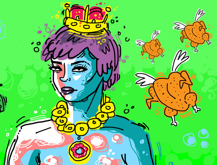 Illustration, Life at CCAD, Illustration of blue person in crown and donut necklace with purple hair, in the background are rotisserie chicken cherubs against a neon green background