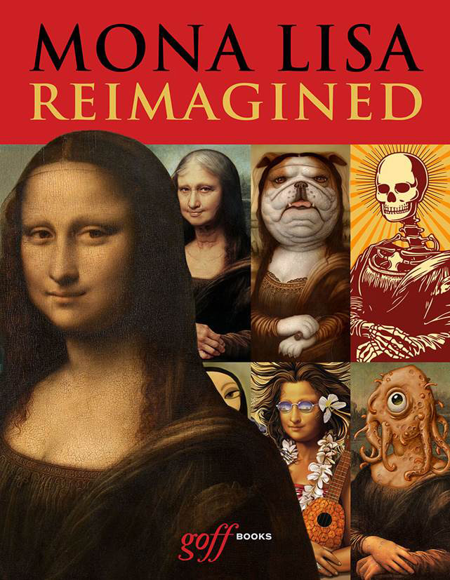 Illustration, Book cover of Mona Lisa Reimagined featuring collage of abstracted Mona Lisa inspired portraits