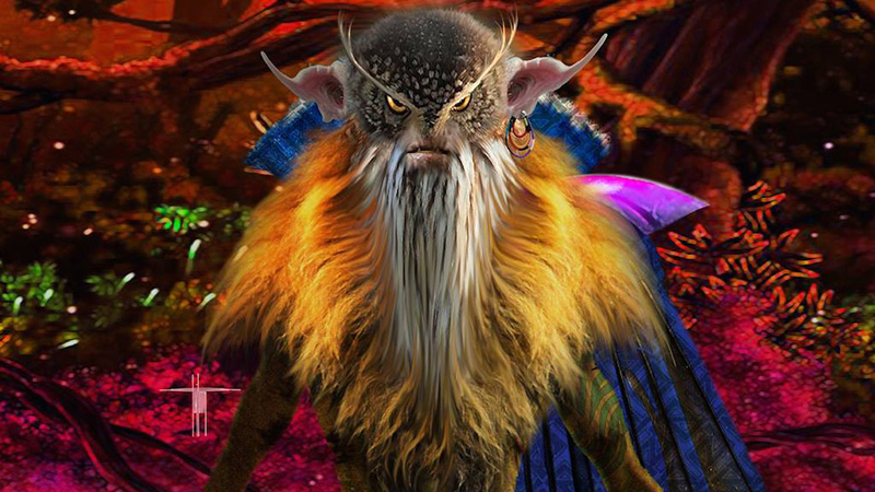 Industrial Design, Image of fur covered menacing looking fantasy creature looking into camera in colorful fantasy environment