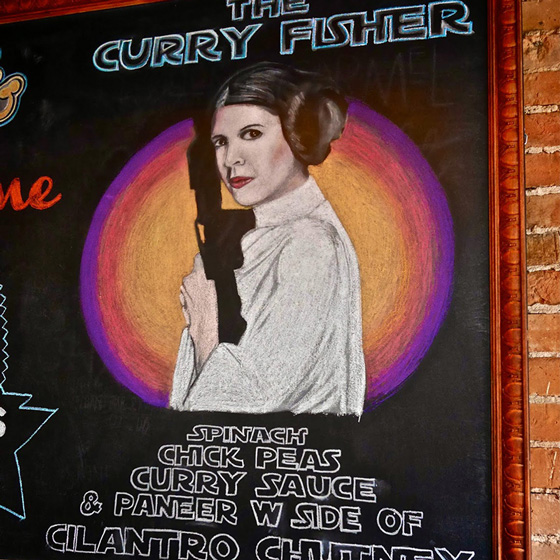 Fine Arts, Chalk Portrait of Carrie Fisher as Princess Laia holding gun for Yellow Brick Pizza