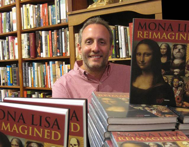 Illustration, Image of Erik Maell in pink button down smiling at camera at book signing surrounded by stacks and shelves of books