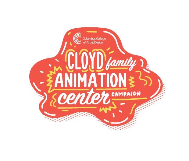 Animation, Yellow, red, and white Cloyd family animation center campaign logo