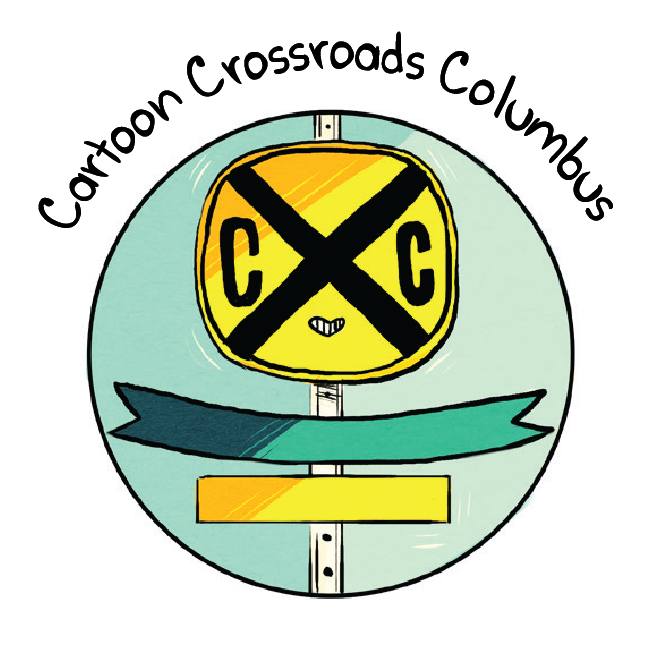 Comics and Narrative Practices, whimsical illustration in yellow, green, black and white of crossing road sign with mouth that reads Cartoon Crossroads Columbus above