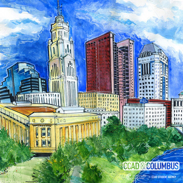 Life at CCAD, Illustration, Columbus skyline illustration student agency CCAD