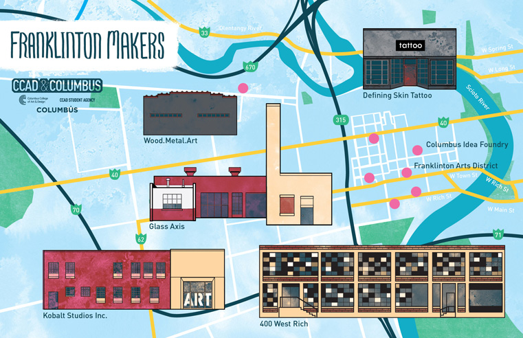 Life at CCAD, Illustrated map of Columbus calling out art related landmarks