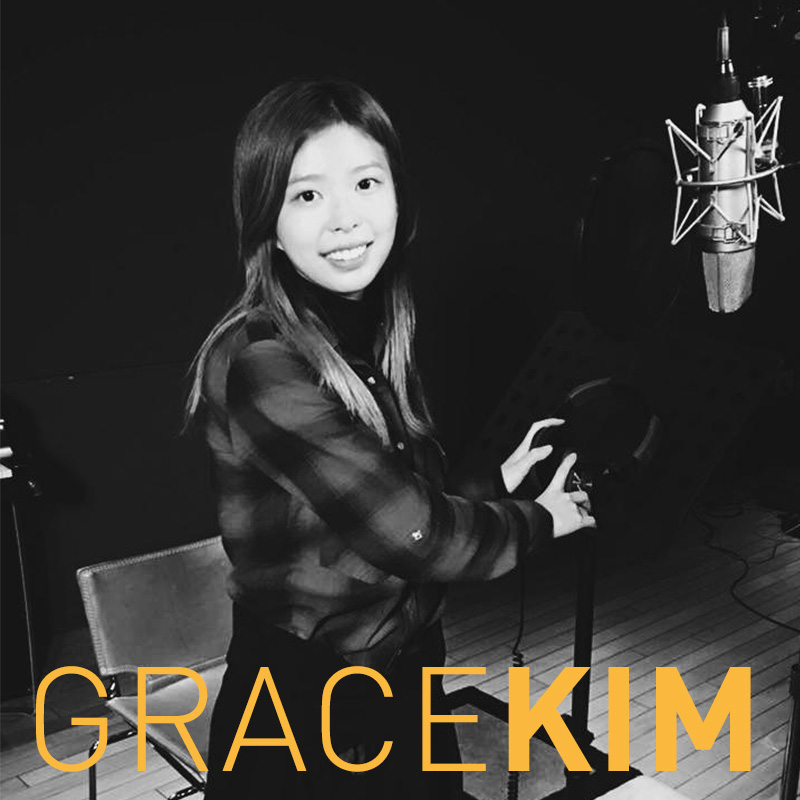 Fine Arts, Black and White Image of Grace Kim holding headphones in recording studio, text at bottom in gold reads "Grace Kim"