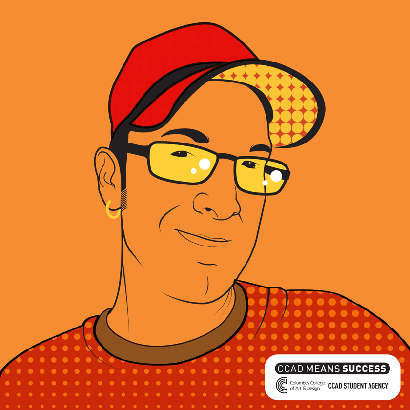 Illustration, Comics and Narrative Practices, Yelllow, orange and red, illustration of Steve Hamaker in sweatshirt and ball cap with gold earring